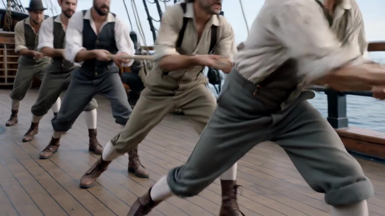 Cinque marinai in abiti d'epoca che tirano una corda sul ponte, il capo che si lancia portando la corda alla ringhiera.
