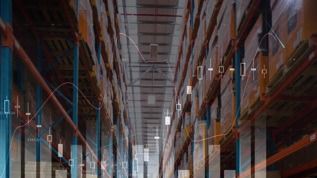 animación del procesamiento de datos en un almacén vacío