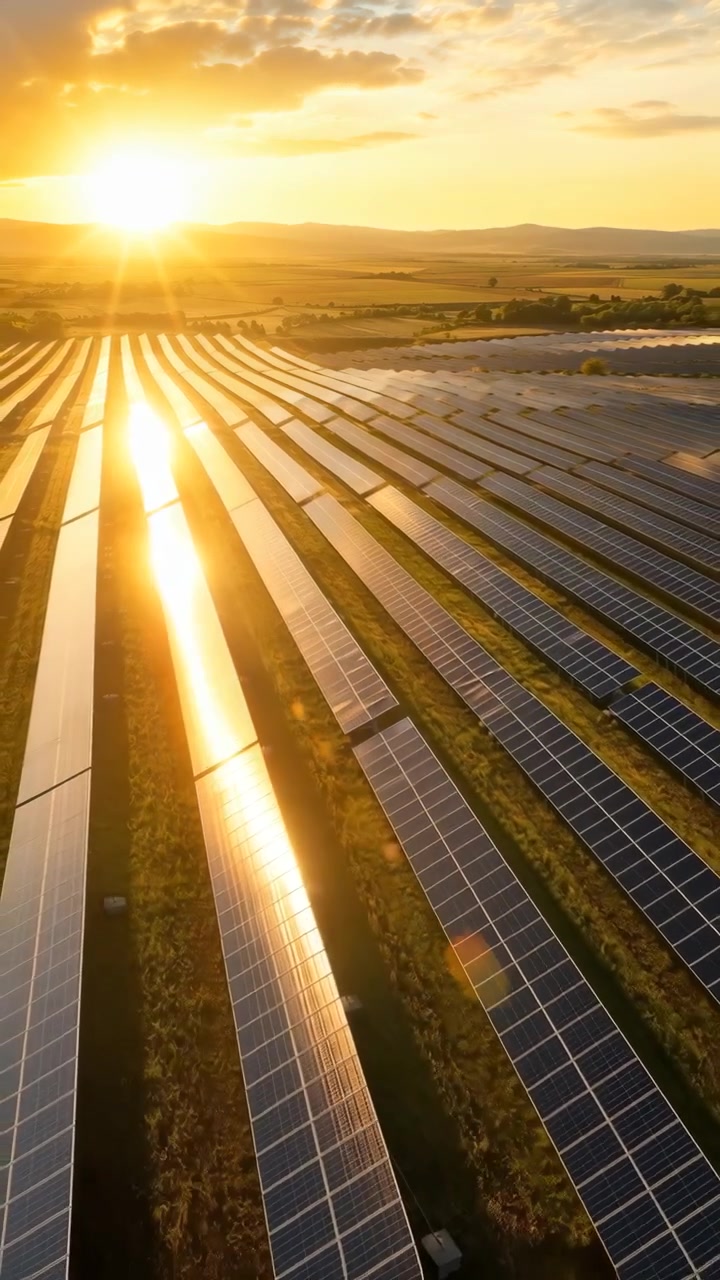 Vista aerea obliqua che mostra impianti solari a terra su scala industriale all'ora d'oro, con lunghe file parallele, forti riflessi del sole, paesaggio aperto e infrastrutture per l'energia pulita che si estendono