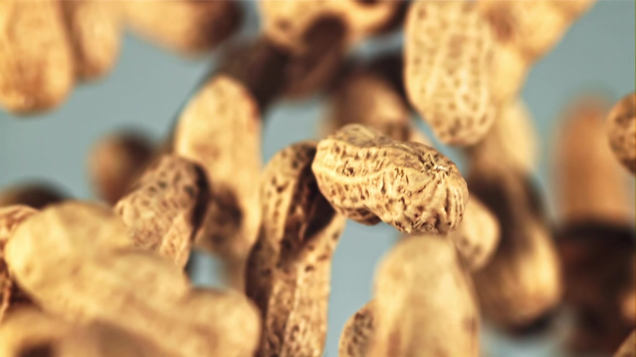 Raw Peanuts in Shells Floating in Slow Motion
