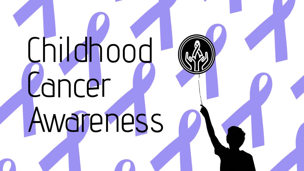 파란색 암 리본 위에 어린이 암 인식 텍스트의 애니메이션