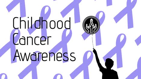 animation of childhood cancer awareness text over blue cancer ribbons
