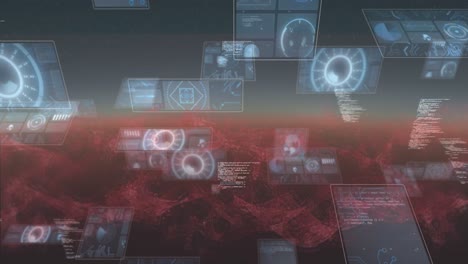 Rote-Digitale-Welle-Vor-Mehreren-Runden-Scannern-Und-Datenverarbeitung-Auf-Blauem-Hintergrund