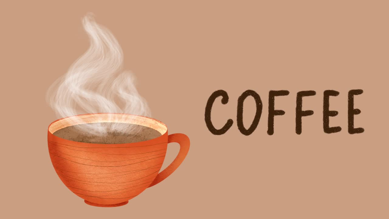 춤추는 증기와 함께 신선한 뜨거운 커피 한 잔. 루프 손으로 그린 애니메이션