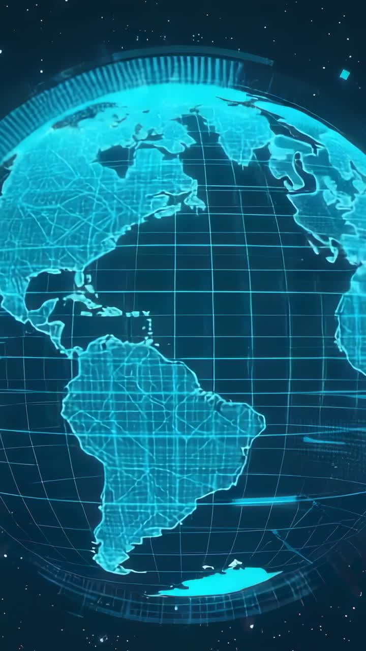 Vertical video: Wireframe globe rotating eastward in starfield, with scanning band and grid