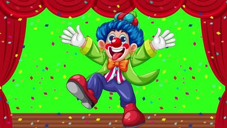 a lively clown performs a joyful dance on stage with colorful confetti and bright lighting