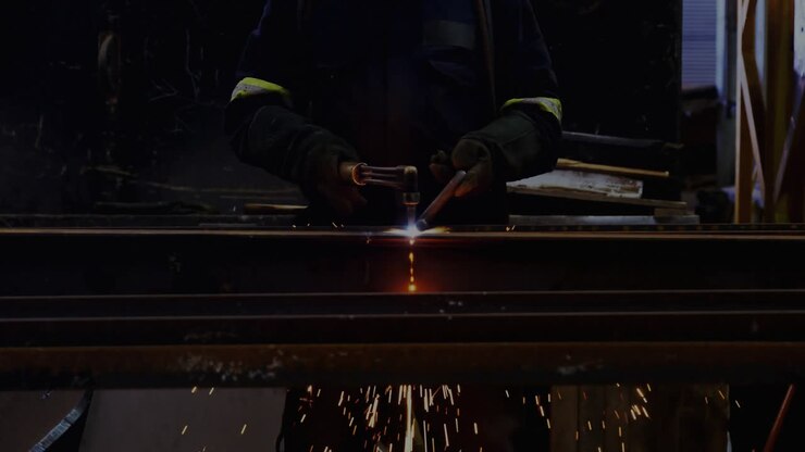 Saldatore che accende la fiamma ossidrica tagliando una trave d'acciaio, fabbricazione che guida la fiamma, scintille che cadono, SOVRAPPOSIZIONE HACKED