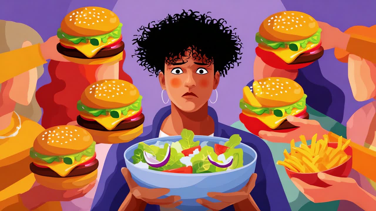 A Dilemma of Choices: A Young Woman Faces the Temptation of Fast Food While Holding a Fresh Salad, Reflecting Inner Conflict Between Healthy Eating and Unhealthy Cravings