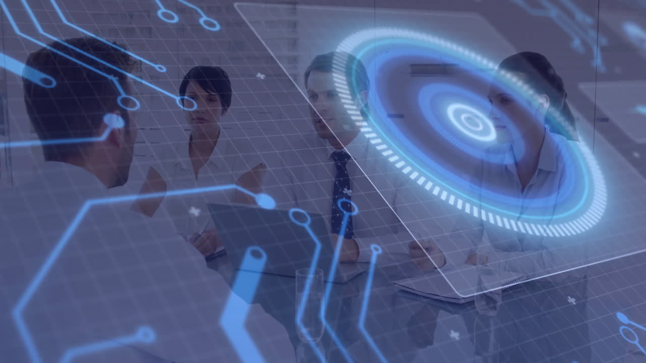 In office, business team discussing strategy with digital animation interface overlay