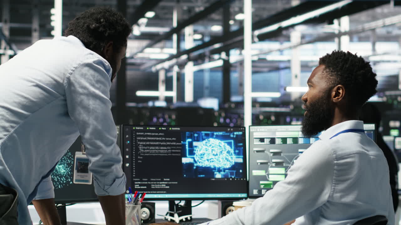 Server hub manager checking AI data analytics graphs, congratulating worker