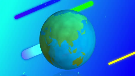 globe turning over colourful shapes moving diagonally across a sky blue background