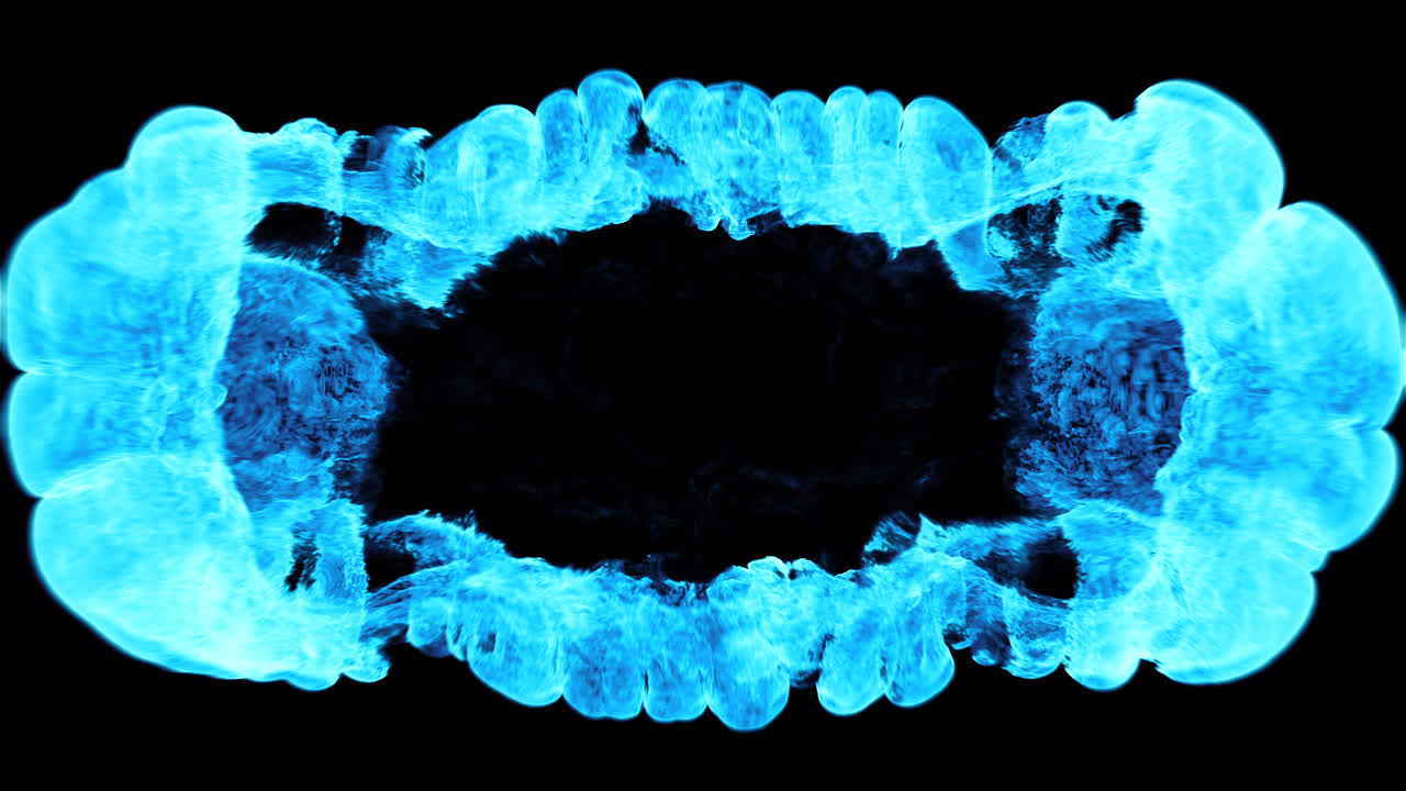 Cornice astratta di energia blu che si espande e si dissolve su sfondo nero.