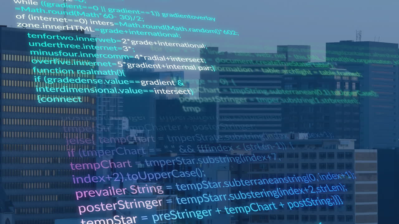 Animating computer code over cityscape with office buildings in background