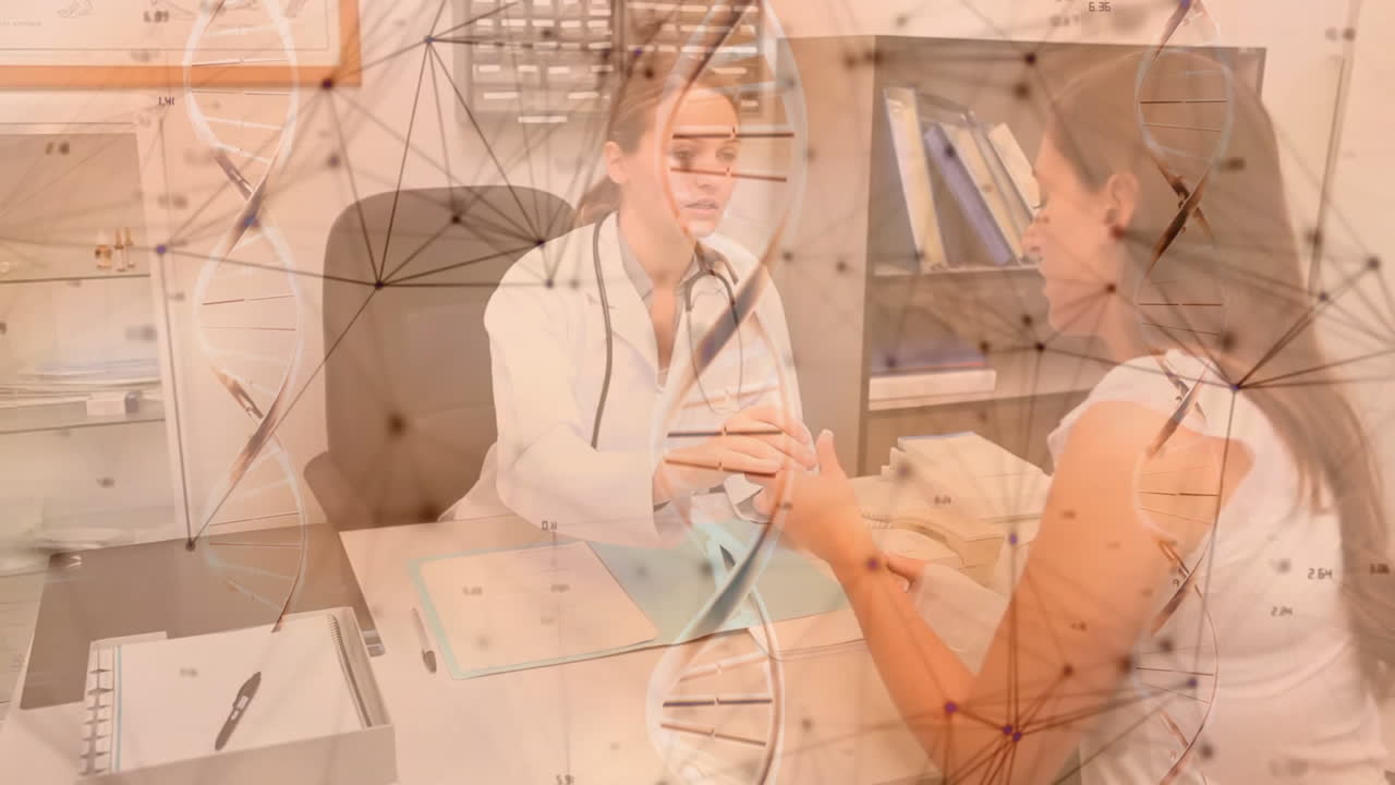 female doctor reviewing clipboard with DNA helix overlay while patient listening in clinic