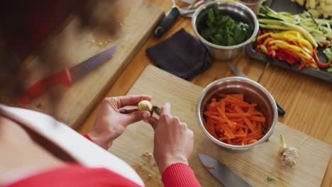 Mixed-race-female-chef-pealing-potatoes