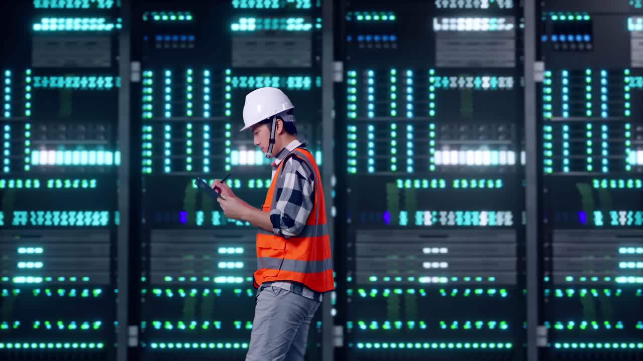 Side View of Asian Male Engineer Taking Note on Tablet While Walking in Server Room Data Center