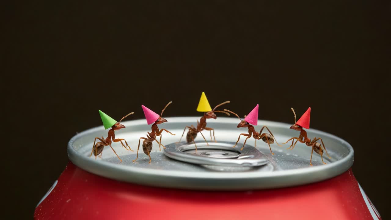 Una colorata celebrazione di formiche: una scena bizzarra con formiche che indossano cappellini da festa radunate sul bordo di una lattina di bibita in una divertente e unica rappresentazione della natura.