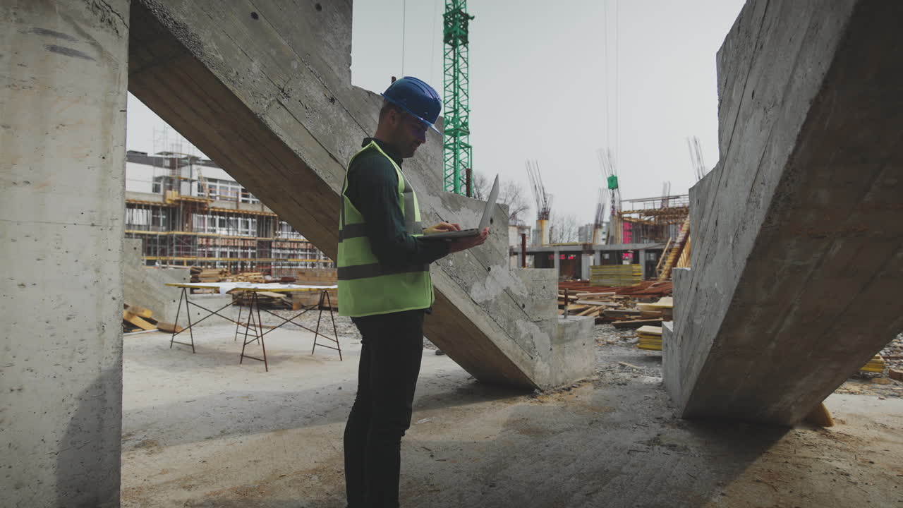 Construction worker on site with laptop