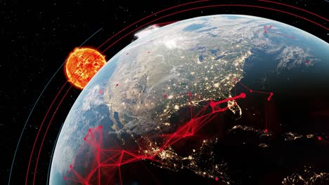 view of planet earth globe USA light pollution and electromagnetic field with the sun on orbit 3d rendering animation