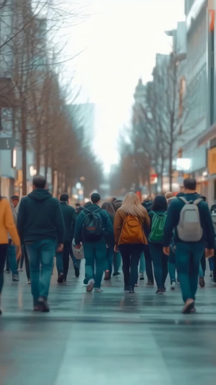A busy city street with a large crowd of people walking down it.