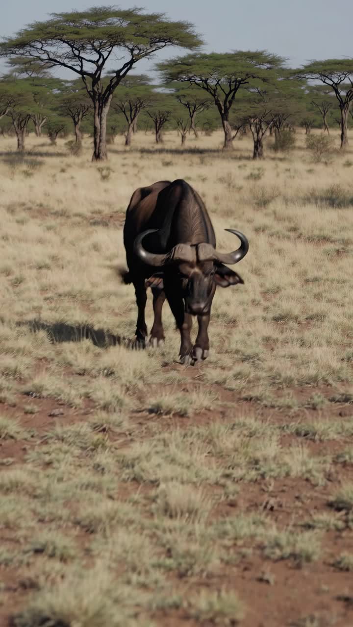 A majestic buffalo walks toward the camera in a wide-angle shot, capturing the vast savannah