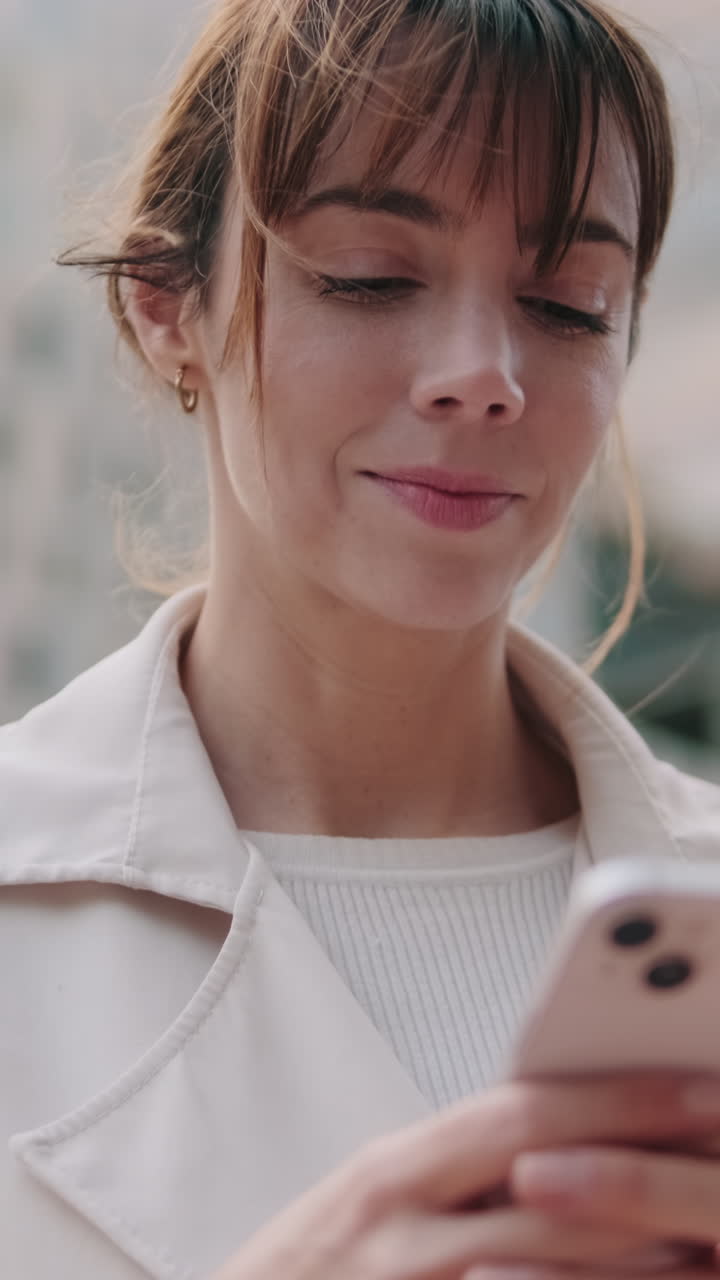 Giovane donna sorridente mentre usa lo smartphone all'aperto