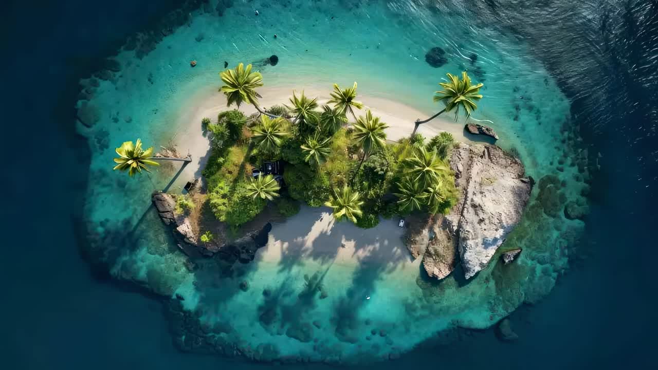 Aerial video of a tropical island with lush palm trees surrounded by turquoise waters