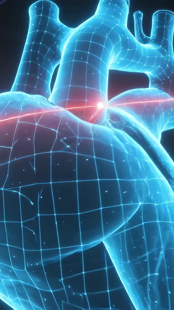 Video verticale: Punto laser rosso che appare e scansiona una griglia di cuore 3D in laboratorio, segnando la giunzione dell'aorta.