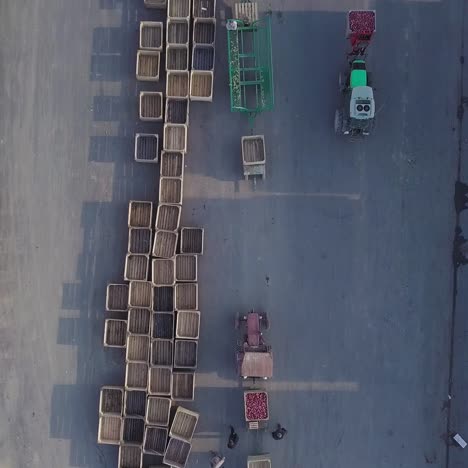 warehouse workers are preparing an empty crate for apples. loader is relocating pallet with apples in the territory of warehouse for further transportation to the plant for the production of juice. aerial view