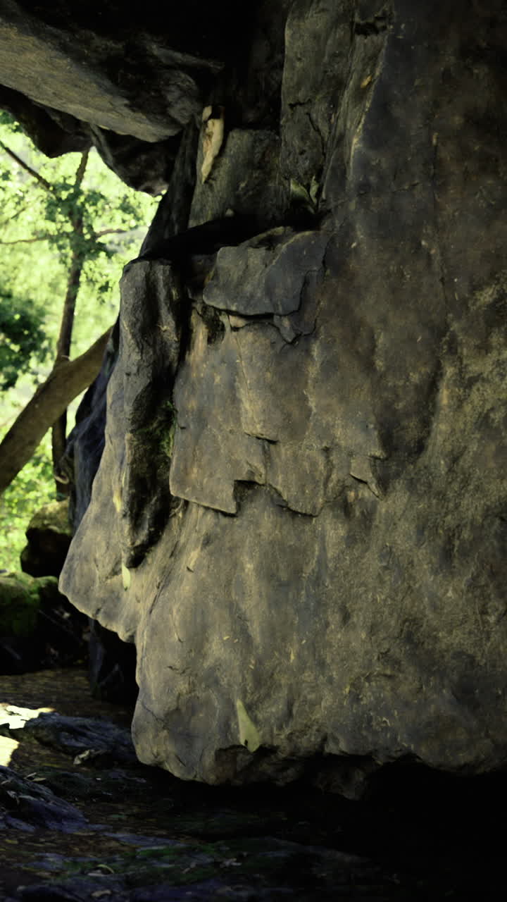 Angolo di pace ombreggiato da vegetazione e formazioni rocciose materiche