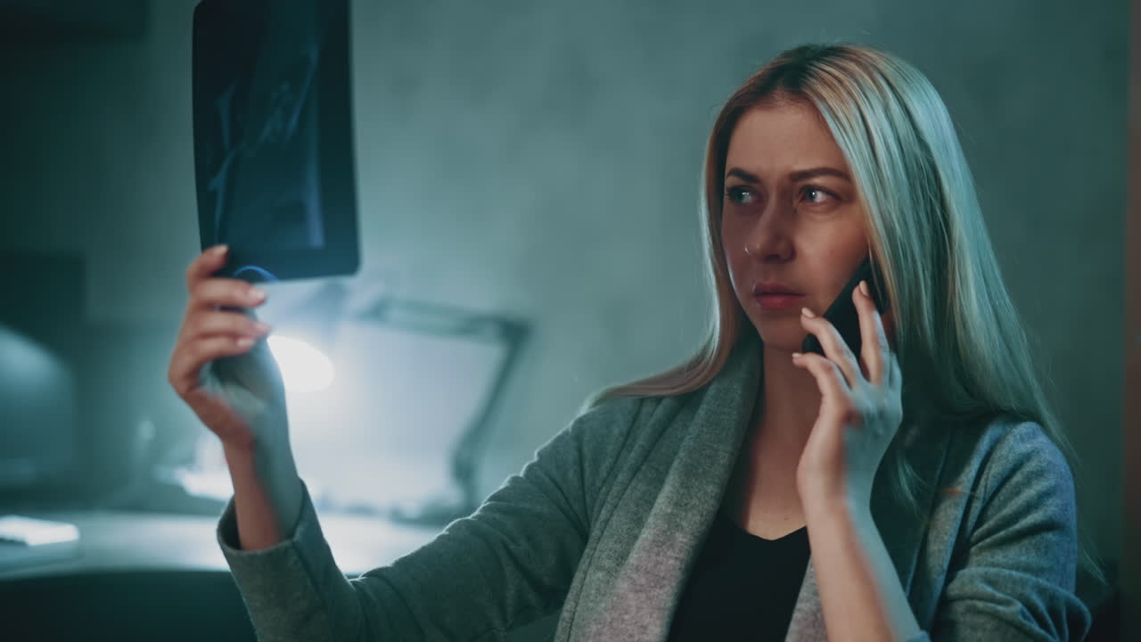 Donna confusa controlla una radiografia parlando al cellulare.