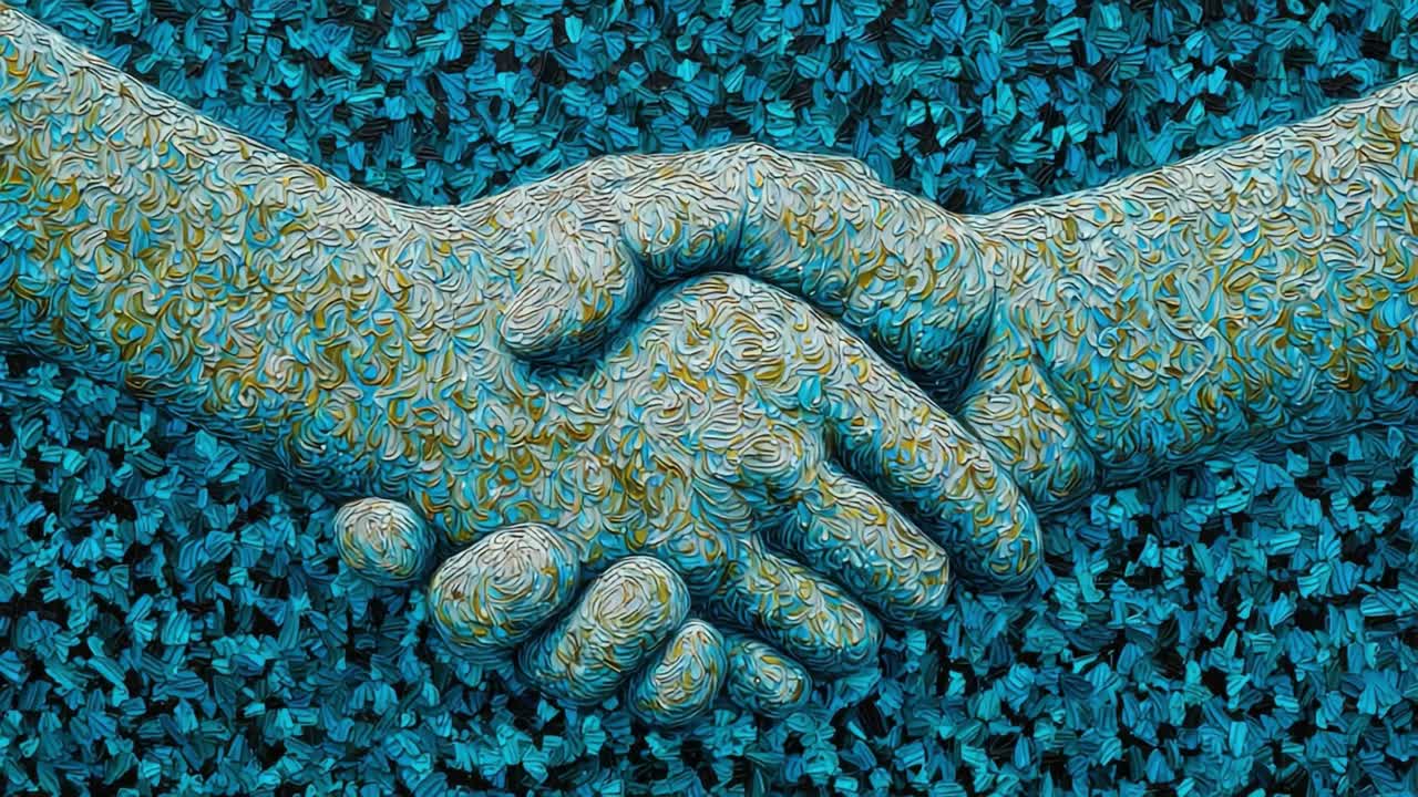 A Colorful Depiction of Unity and Cooperation: Two Hands Shaking in Artistic Render, Symbolizing Connection and Partnership Through Intricate Patterns and Vibrant Colors on a Textured Background