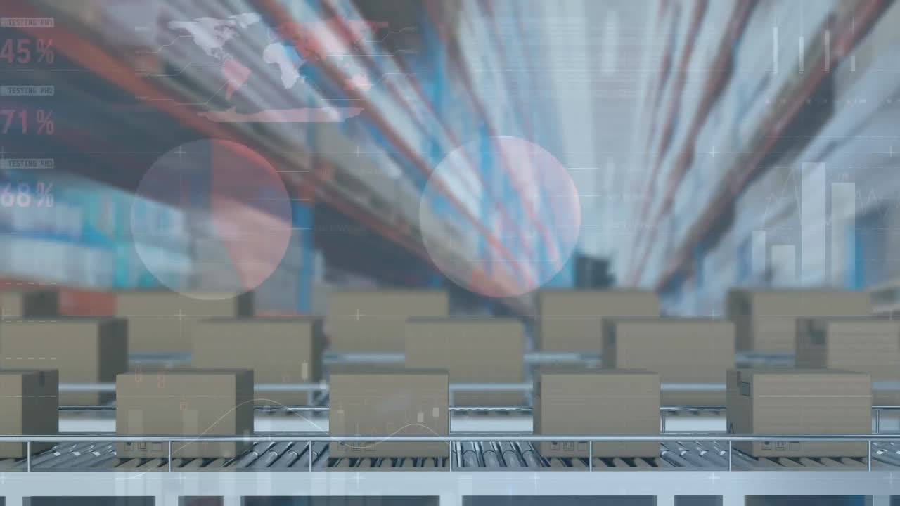 컨베이어 벨트에 있는 카드보드 상자 위에서 통계 처리의 애니메이션