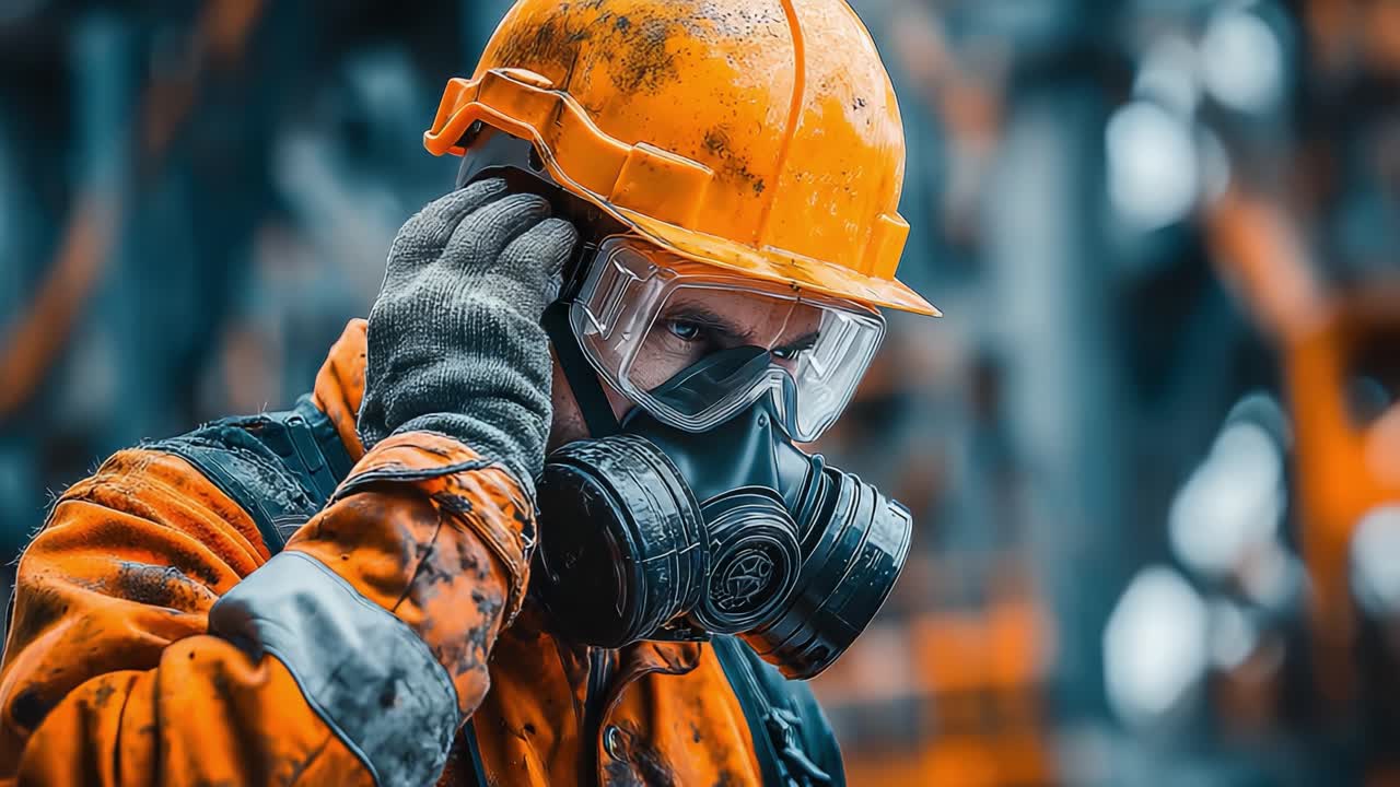 A determined worker in protective gear adjusts his mask before accomplishing vital tasks in a challenging and hazardous industrial environment