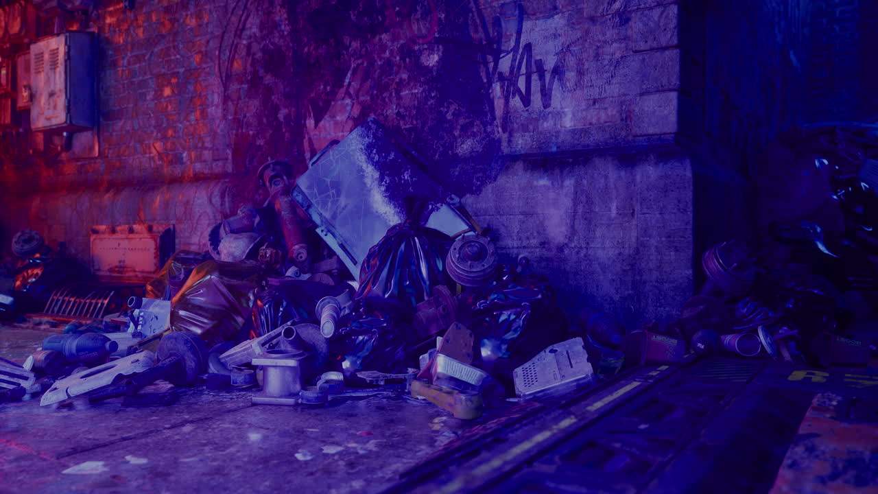 Urban alley filled with trash and debris at night with colorful lighting