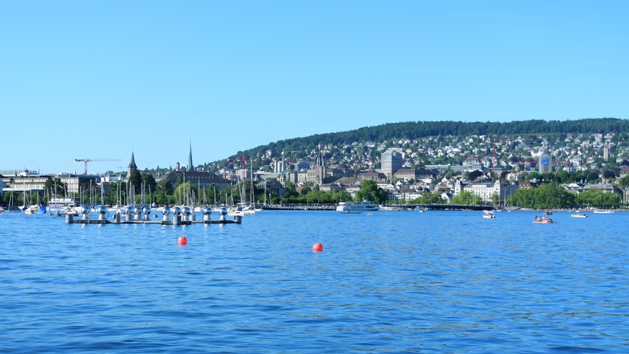 Tranquil atmosphere at lake Zurich on a sunny day. Static view