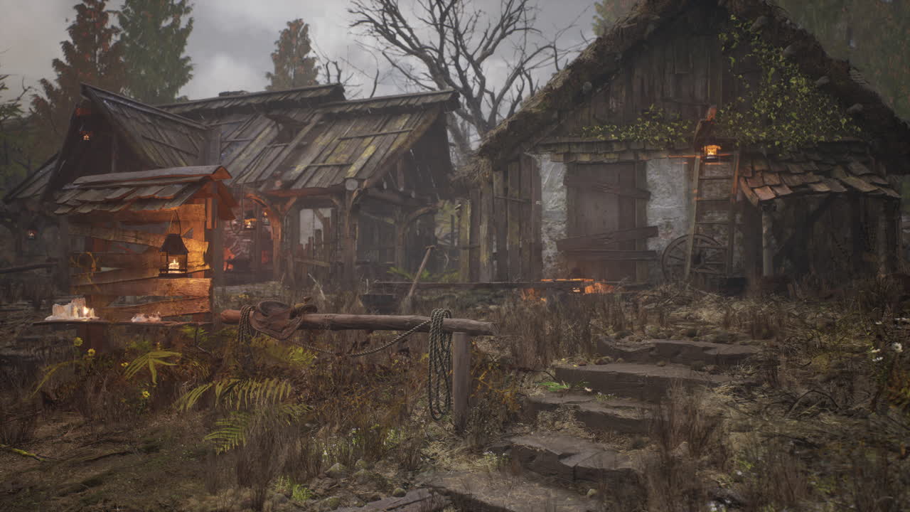 나무로 된 폐허가 된 집 들 이 있는 옛 마을