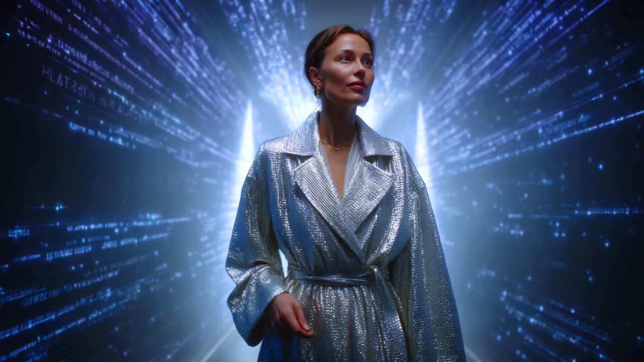 A captivating moment featuring a woman in a dazzling silver robe standing confidently amidst a futuristic backdrop filled with vibrant digital light trails and captivating visual effects, symbolizing innovation and elegance