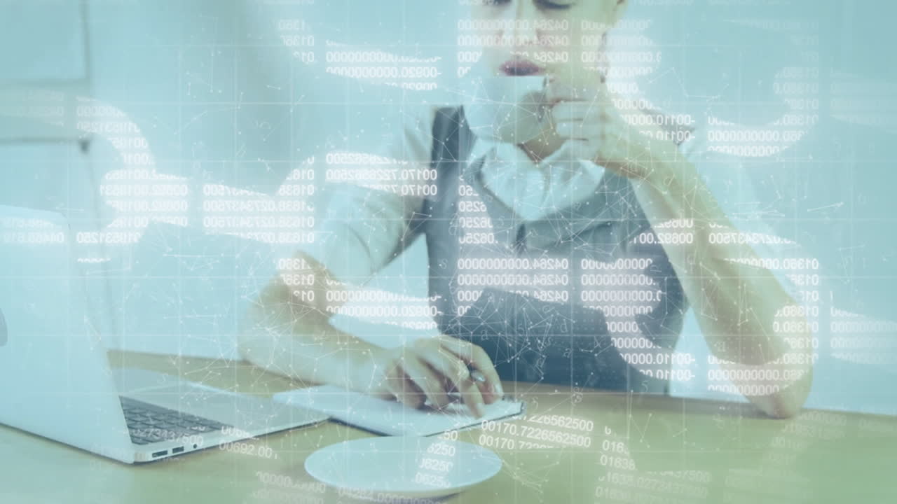 Animation of shapes and chain over caucasian businesswoman using laptop