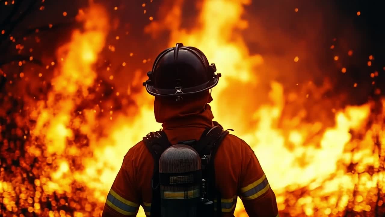 Firefighter battling a fierce wildfire. A firefighter stands resolutely in front of a raging wildfire, working to control the spreading flames and smoke.