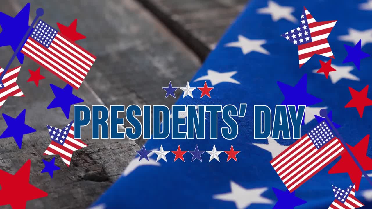 Animation of happy presidents' day text with american flags, stars and stripes, on wood
