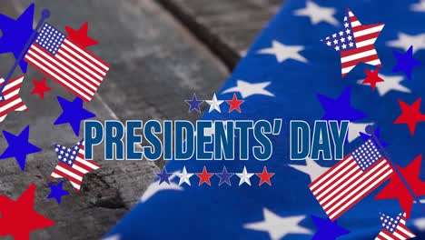 Animation-of-happy-presidents'-day-text-with-american-flags,-stars-and-stripes,-on-wood