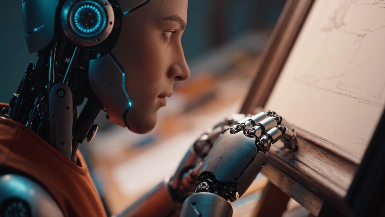 A futuristic robot thoughtfully examines a framed image, showcasing the intersection of technology and creativity in an imaginative setting filled with artistic potential.