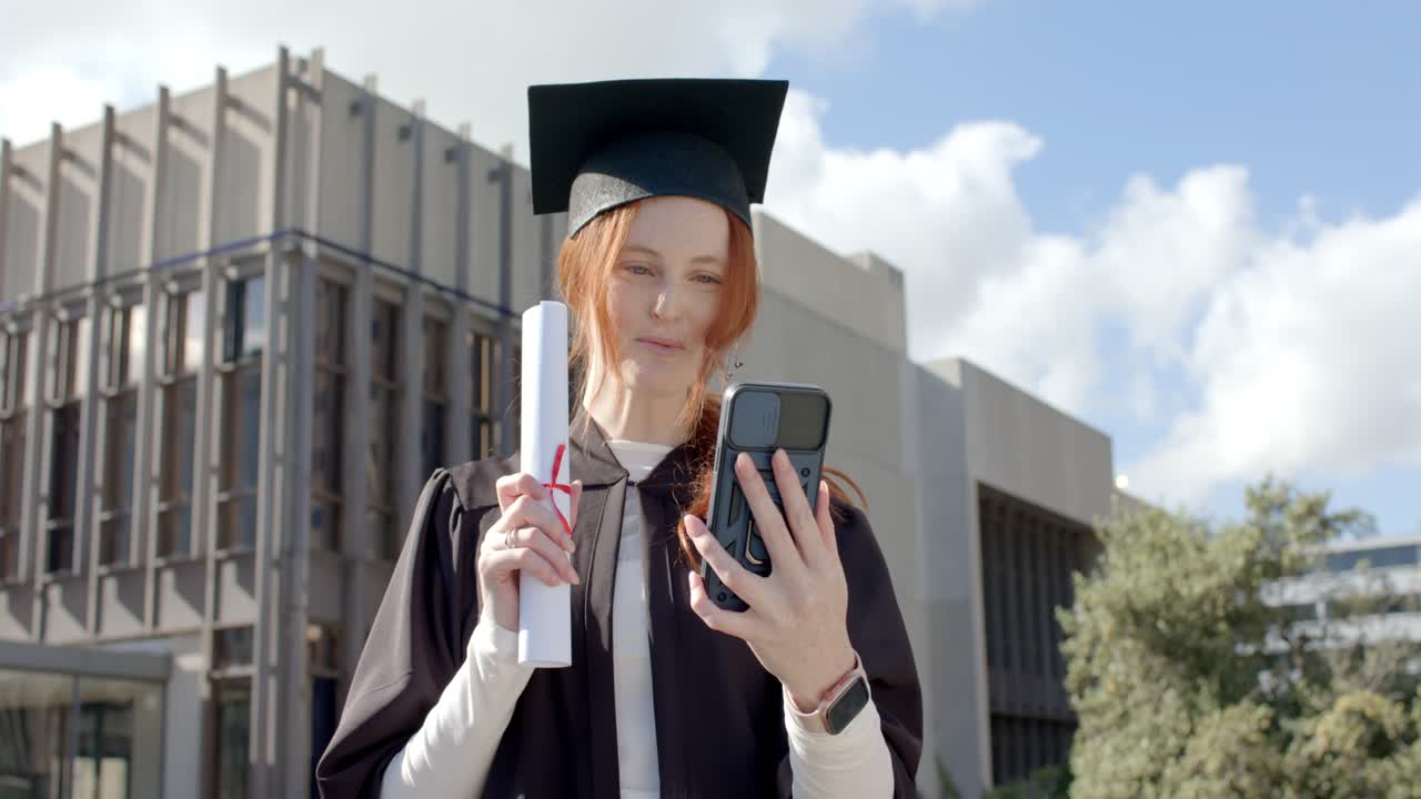 Studentessa in toga che mostra un diploma durante una chiamata con il telefono per festeggiare la laurea nel campus