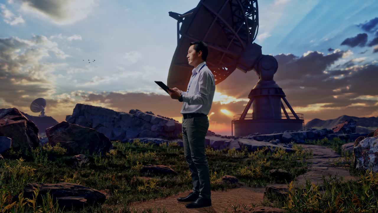 Full Body Side View Of Asian Male Professional Worker Standing With His Tablet With Large Satellite Dish, He Observes By Looking Around Before He Come To Concentrating With His Tablet