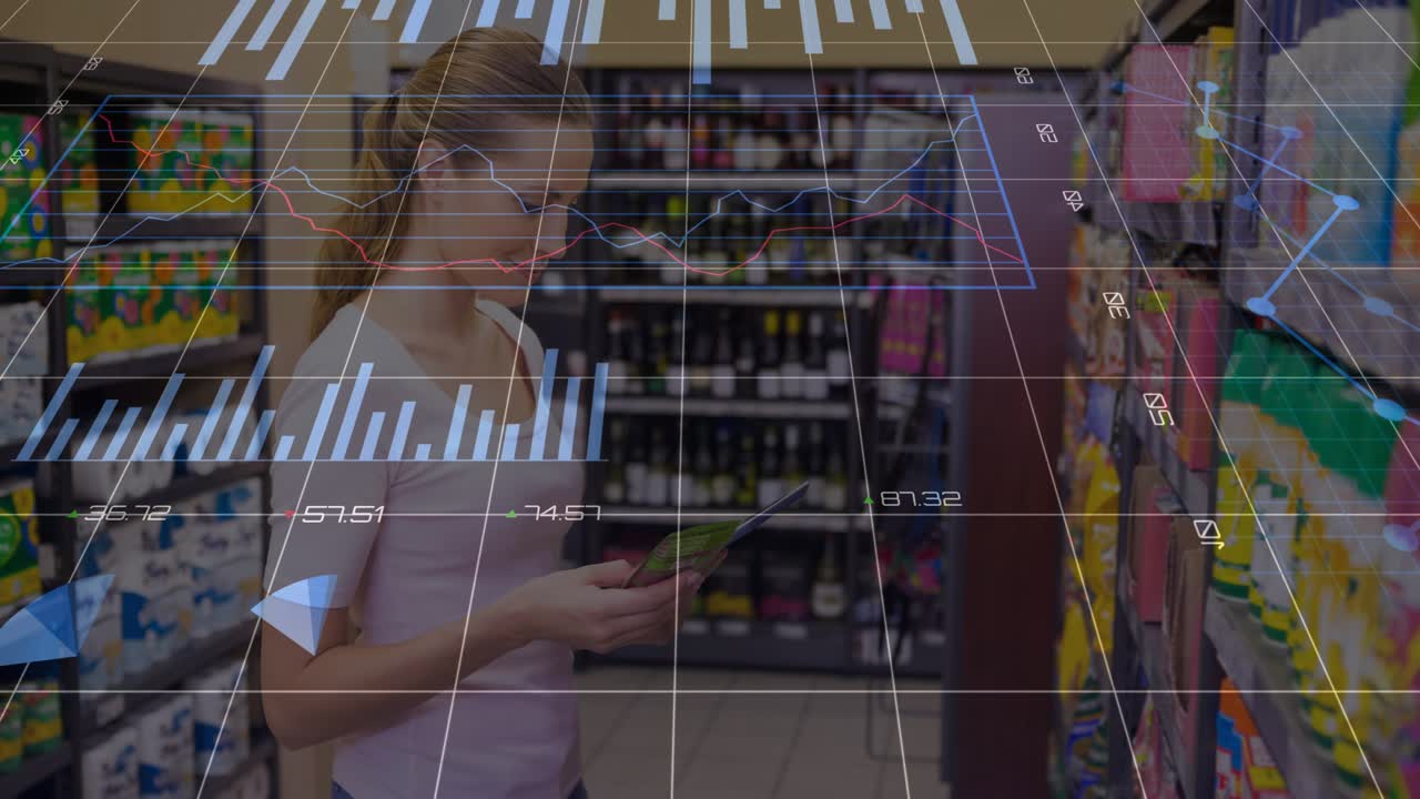 Woman tapping smartphone and comparing product price in grocery aisle, AR charts overlaying shelf