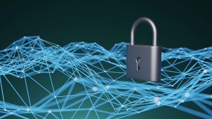 Silver padlock placed on a blue abstract polygonal grid background. Concept of cybersecurity, data protection, and digital encryption