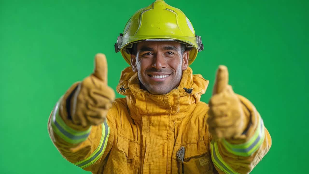 A cheerful firefighter gives a thumbs up, showcasing readiness and positivity in a bright yellow uniform against a vibrant green background