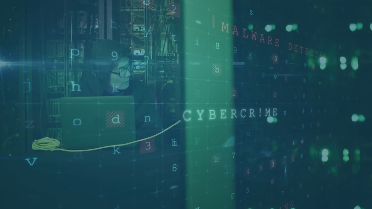 Cybersecurity threat detection animation over person using laptop in dark room