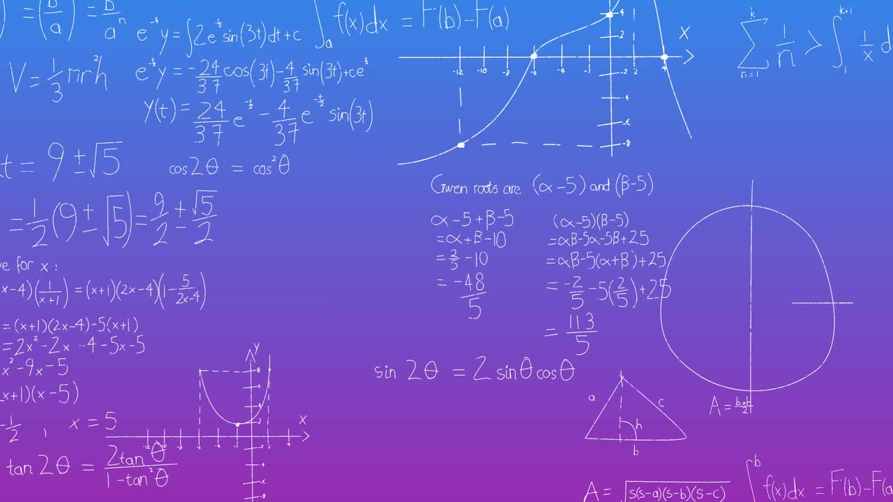 Animation of mathematical equation and diagrams over gradient background